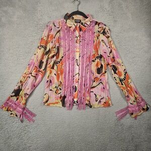 Vtg Baranda Top Womens L Psychedelic Lace Boho Festival 70s vibes Disco Chic